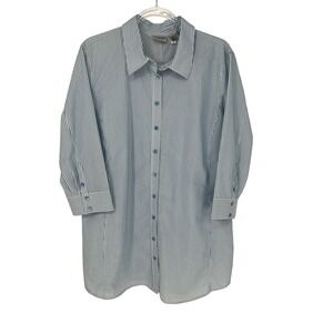 Chicos Button Front Tunic Blue White Silver Stripe Size 3 Office Travel Teacher